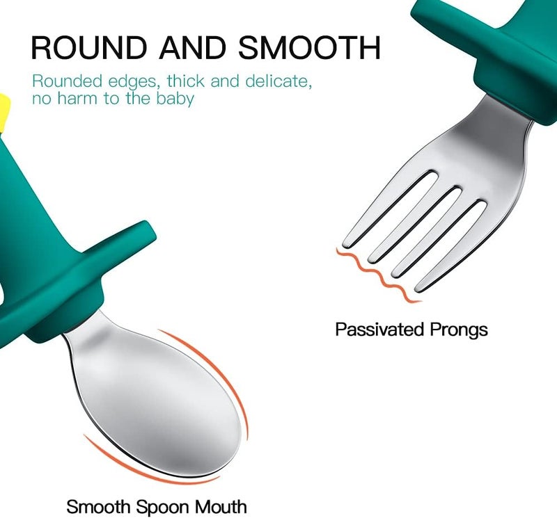 SFCCMM Fork and Spoon Cartoon Set Baby Stainless Children Safe Utensil Set No BPA Spoons Flatware For Kids and Toddler (Green Dinosaur - Short) - Image 2